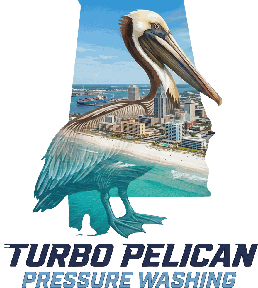 Turbo Pelican artwork — a brown pelican over the Gulf Shores beach skyline inside the state of Alabama