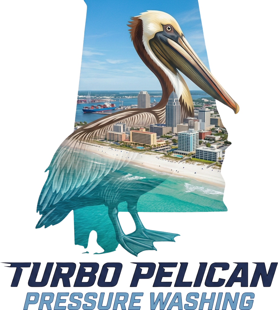 Turbo Pelican artwork — a brown pelican over the Gulf Shores beach skyline inside the state of Alabama