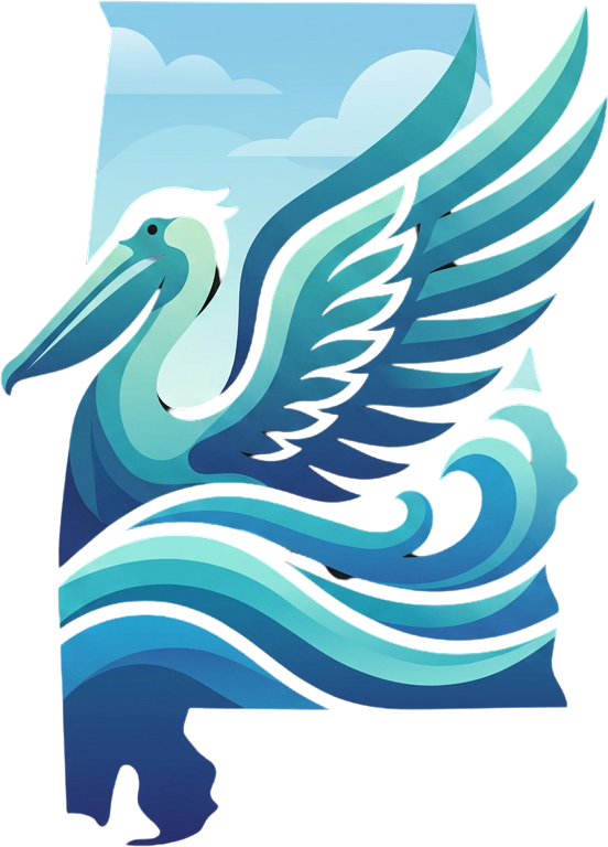 Turbo Pelican — pelican rising over Gulf waves inside the state of Alabama